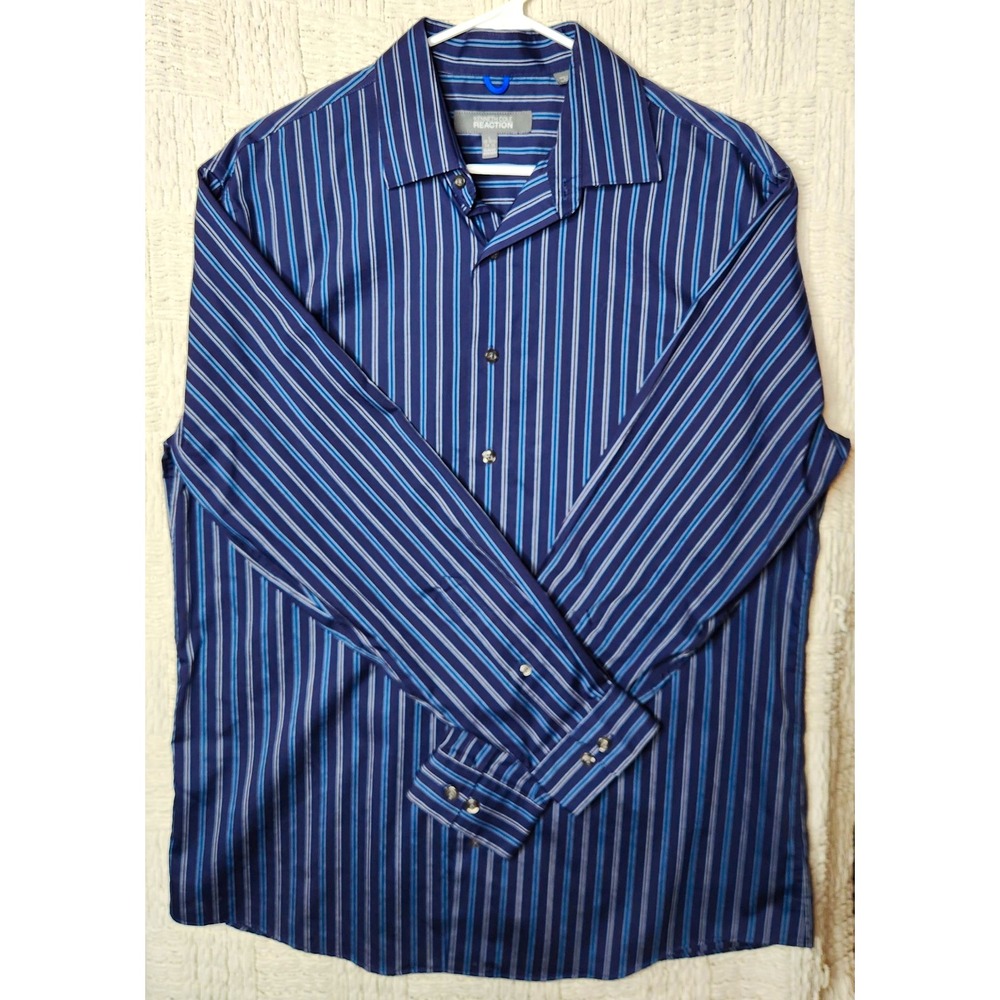 Kenneth Cole Reaction Men's Slim Non-Iron Dress Shirt Blue Stripe 16-16.5 34/35